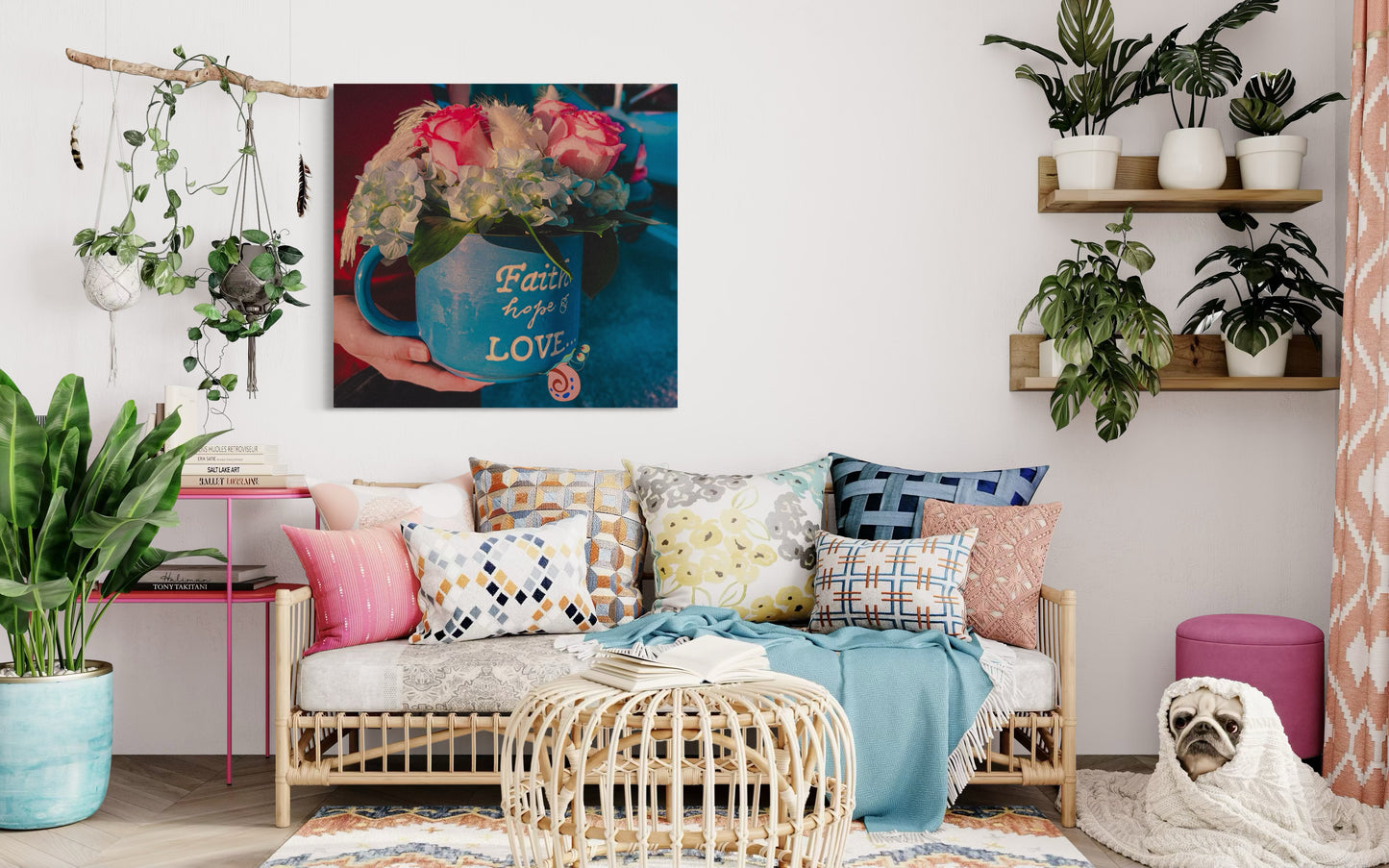 Floral Coffee Mug Print: Faith Hope Love, Inspirational Wall Art