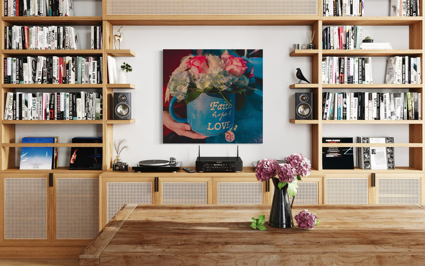 Floral Coffee Mug Print: Faith Hope Love, Inspirational Wall Art