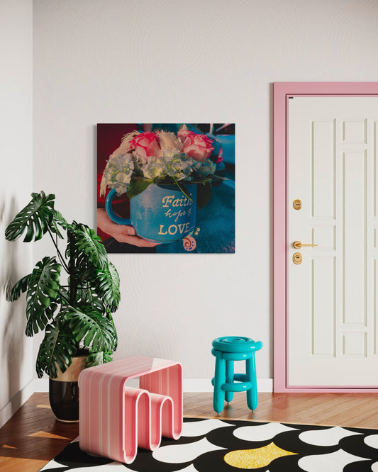 Floral Coffee Mug Print: Faith Hope Love, Inspirational Wall Art