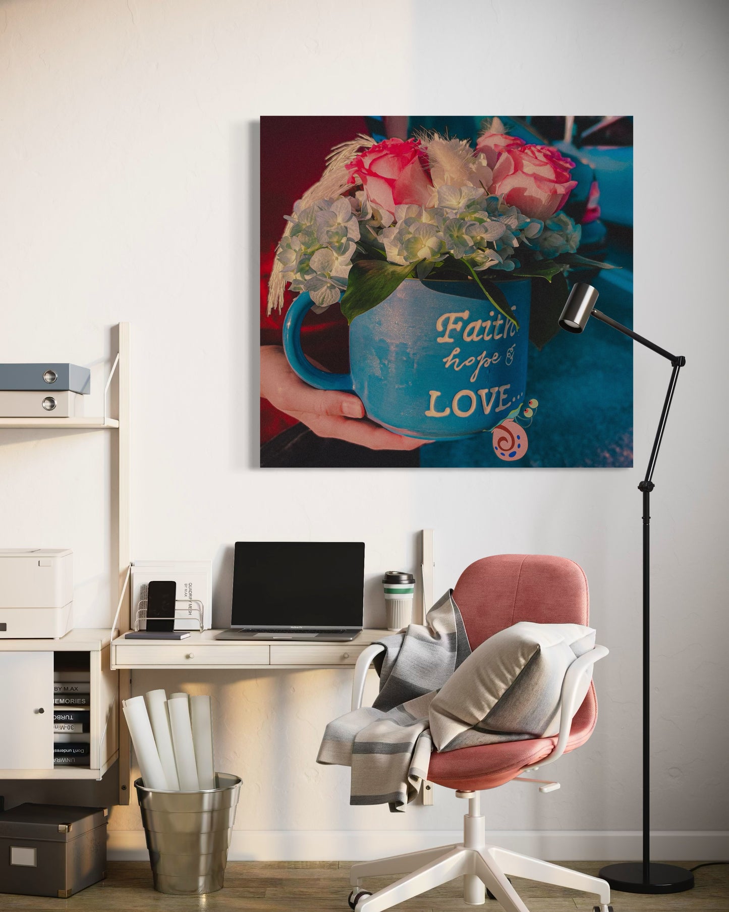 Floral Coffee Mug Print: Faith Hope Love, Inspirational Wall Art