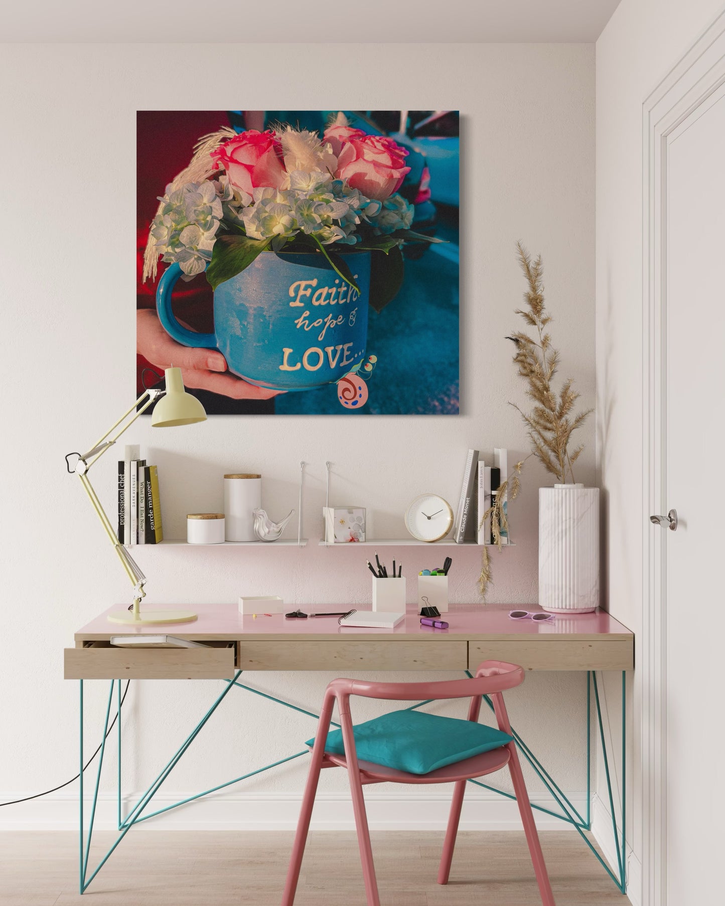 Floral Coffee Mug Print: Faith Hope Love, Inspirational Wall Art