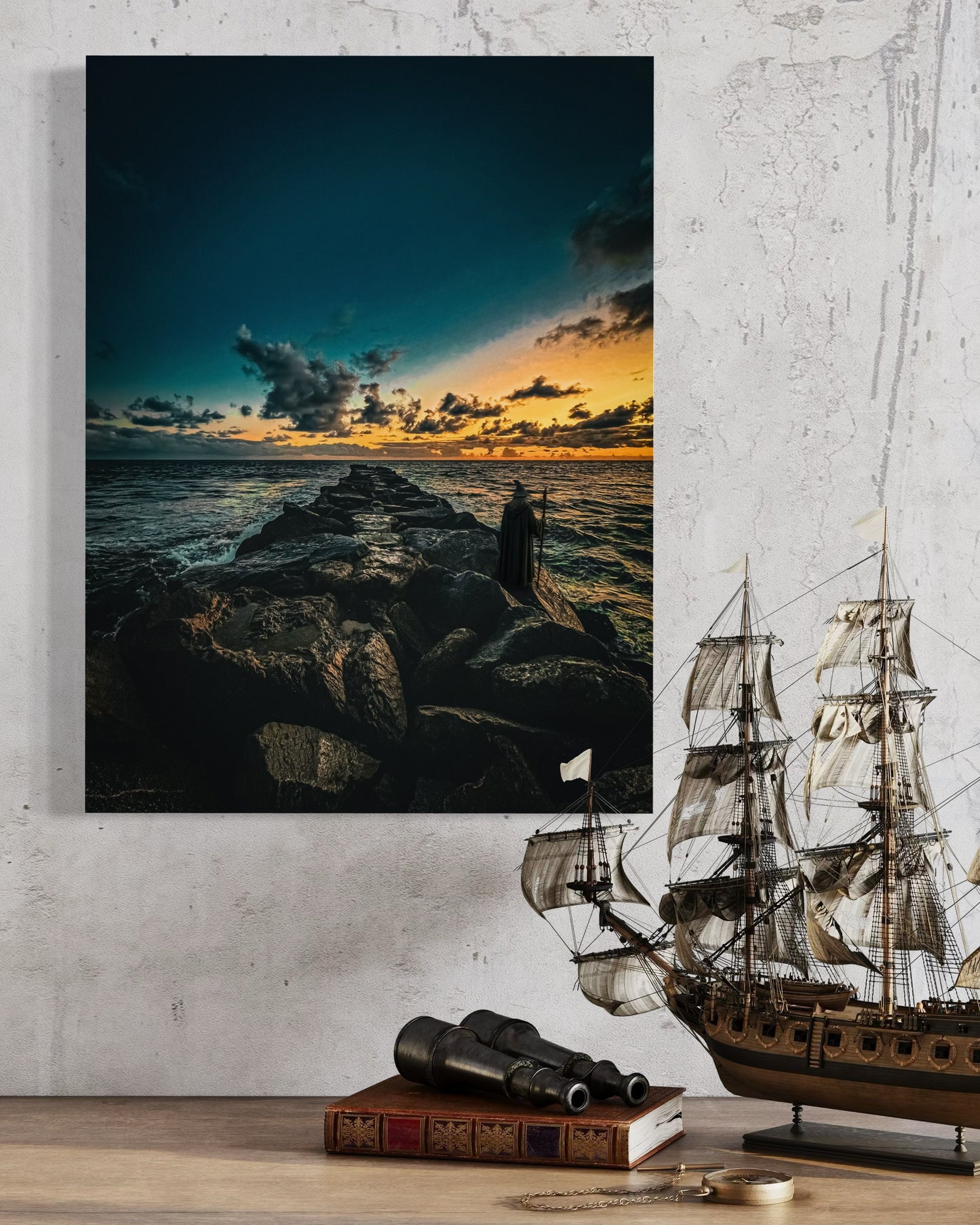 Fantasy Wizard Sunset Ocean Print: Semi-Glossy Paper Poster