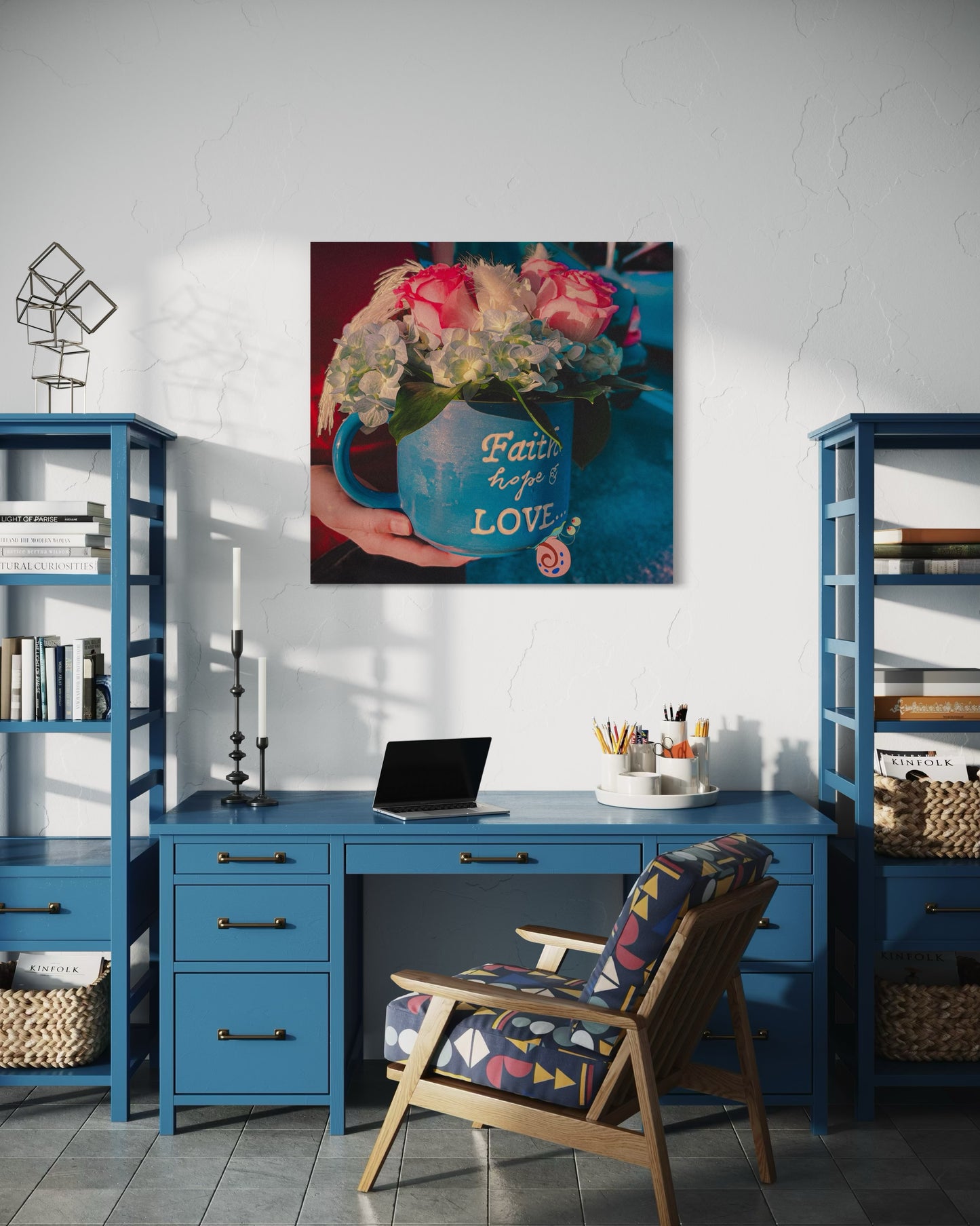 Floral Coffee Mug Print: Faith Hope Love, Inspirational Wall Art