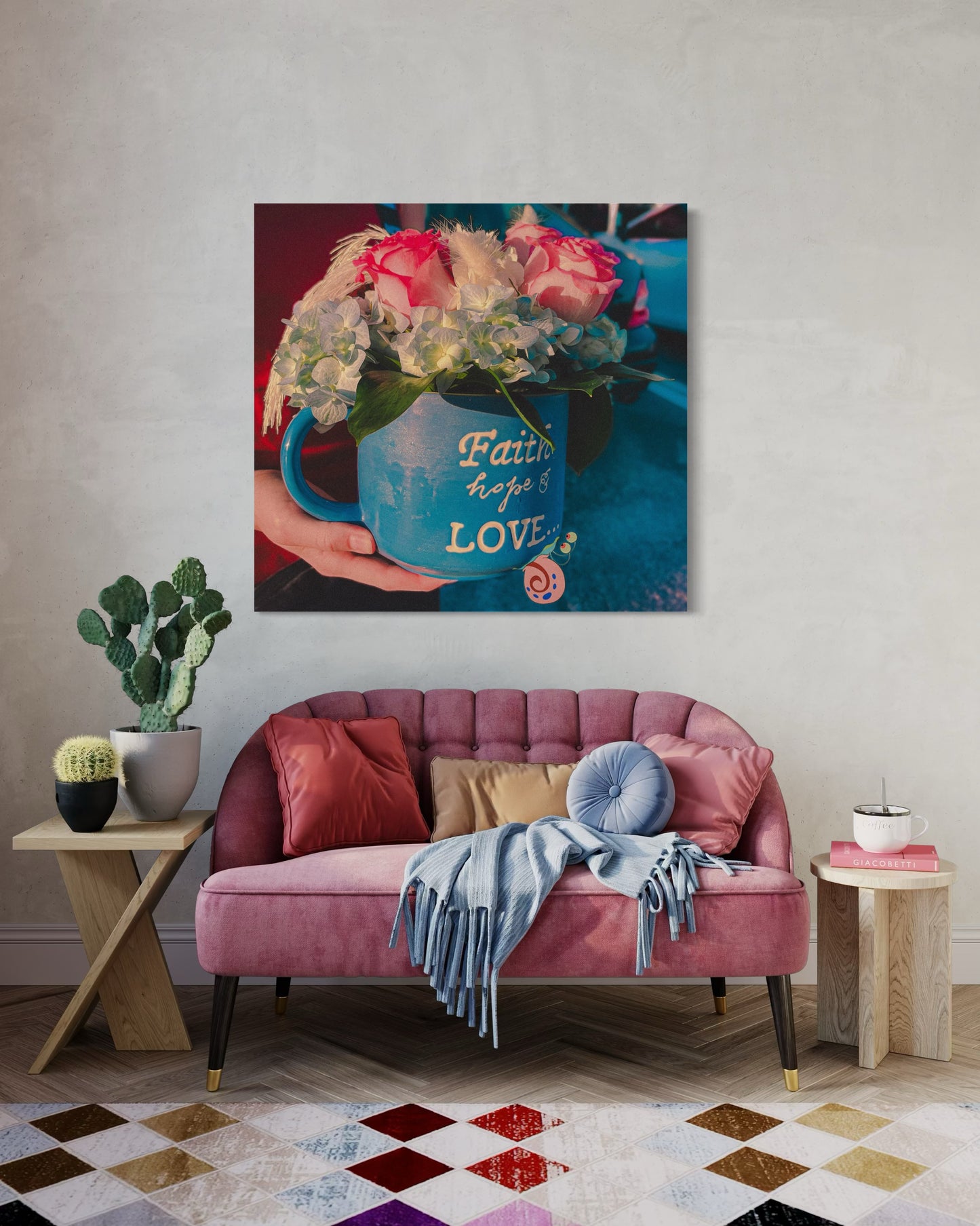 Floral Coffee Mug Print: Faith Hope Love, Inspirational Wall Art