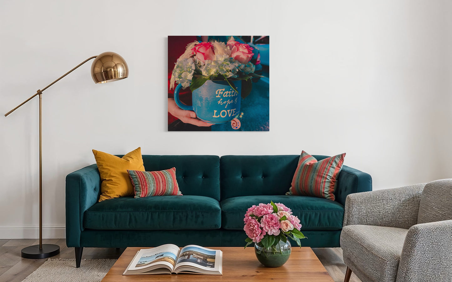 Floral Coffee Mug Print: Faith Hope Love, Inspirational Wall Art