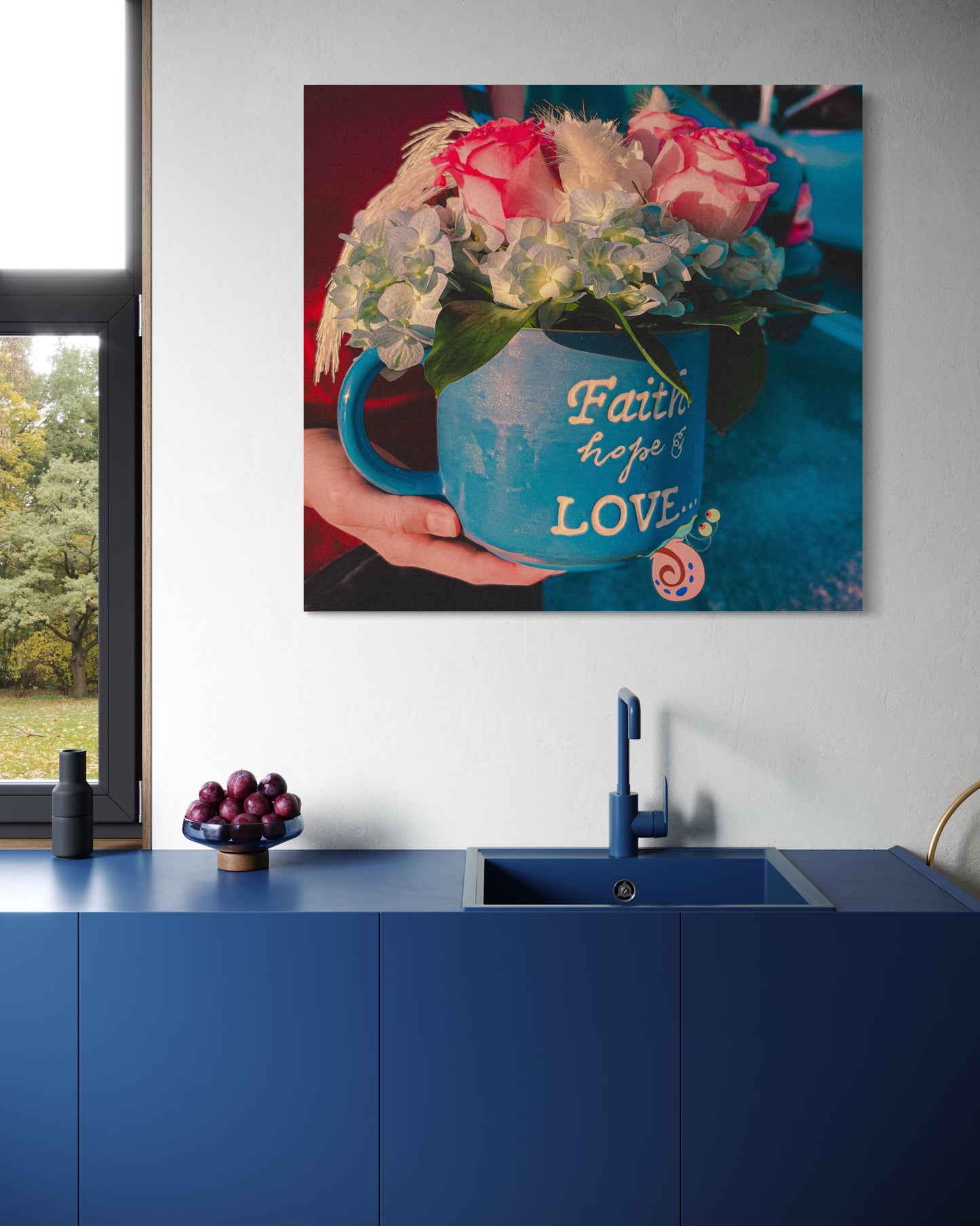 Floral Coffee Mug Print: Faith Hope Love, Inspirational Wall Art