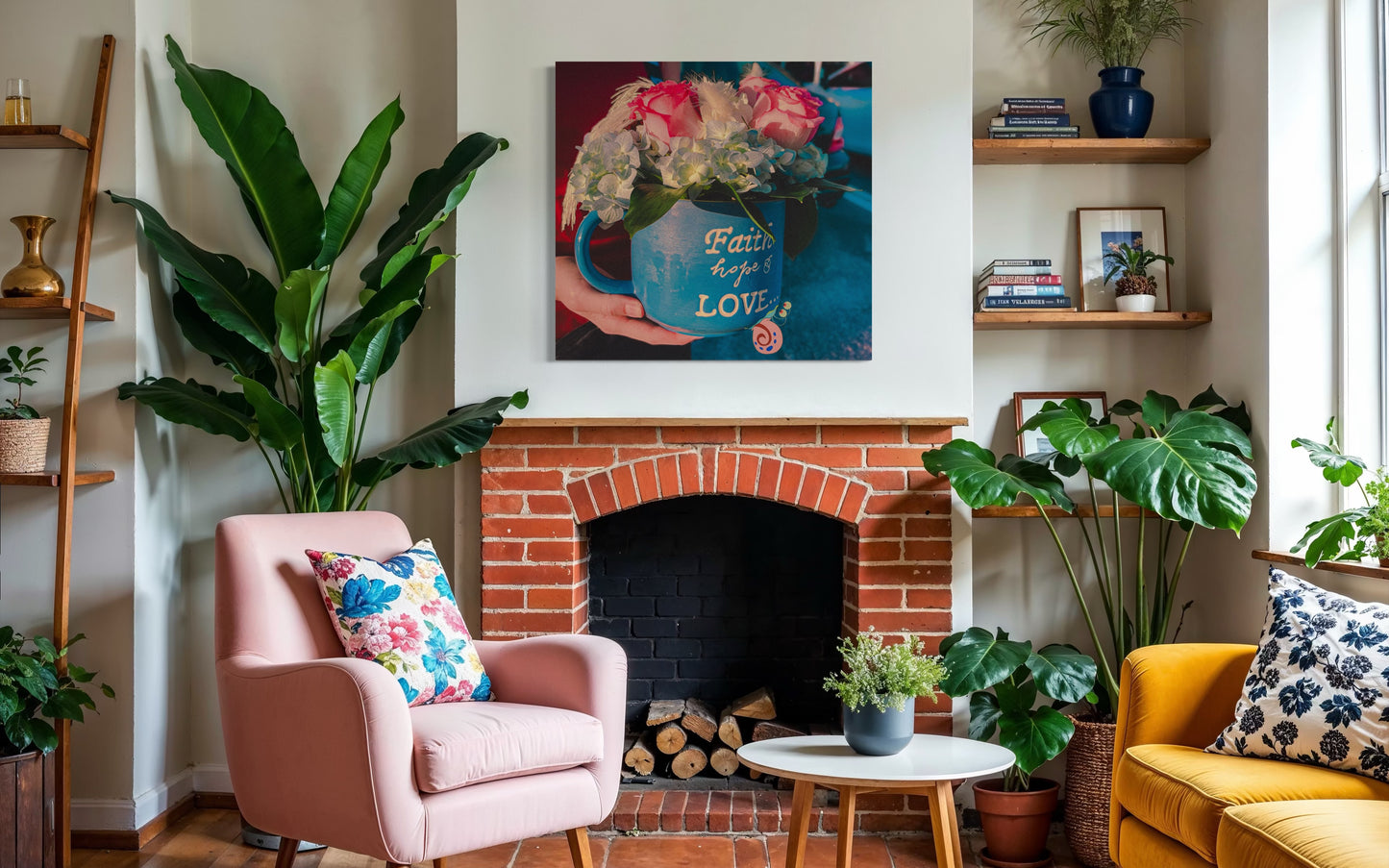 Floral Coffee Mug Print: Faith Hope Love, Inspirational Wall Art