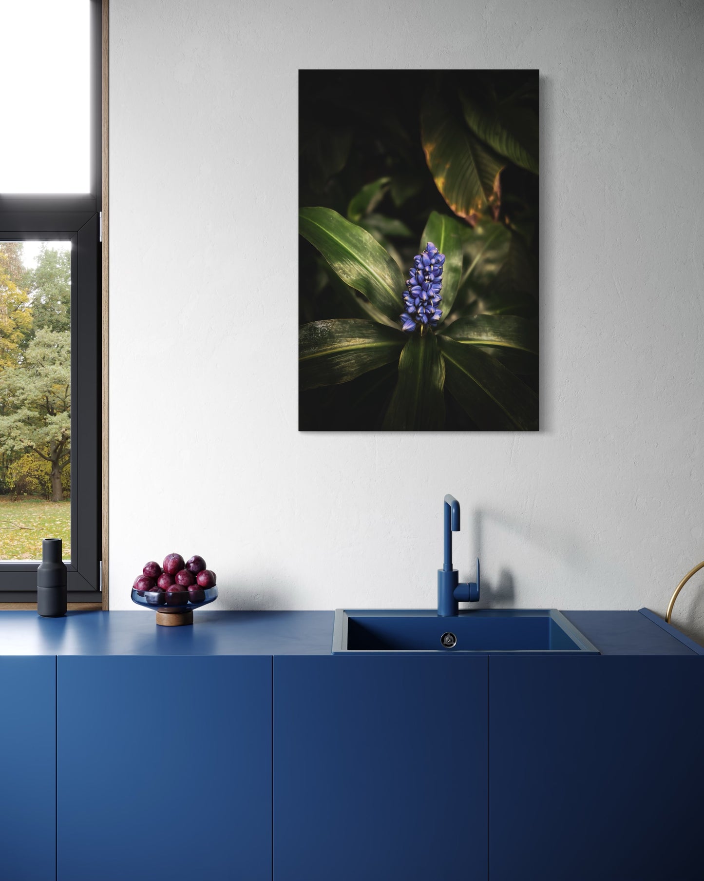 Dark Botanical Wall Art, Blue Flower Photography Print, Moody Nature Poster, Minimalist Floral Decor