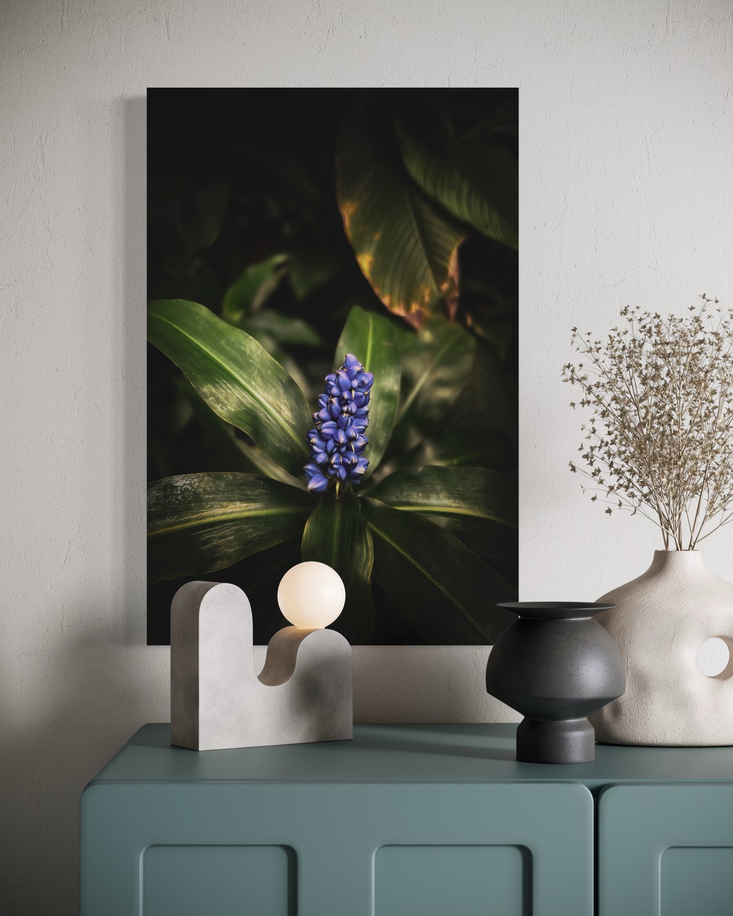 Dark Botanical Wall Art, Blue Flower Photography Print, Moody Nature Poster, Minimalist Floral Decor