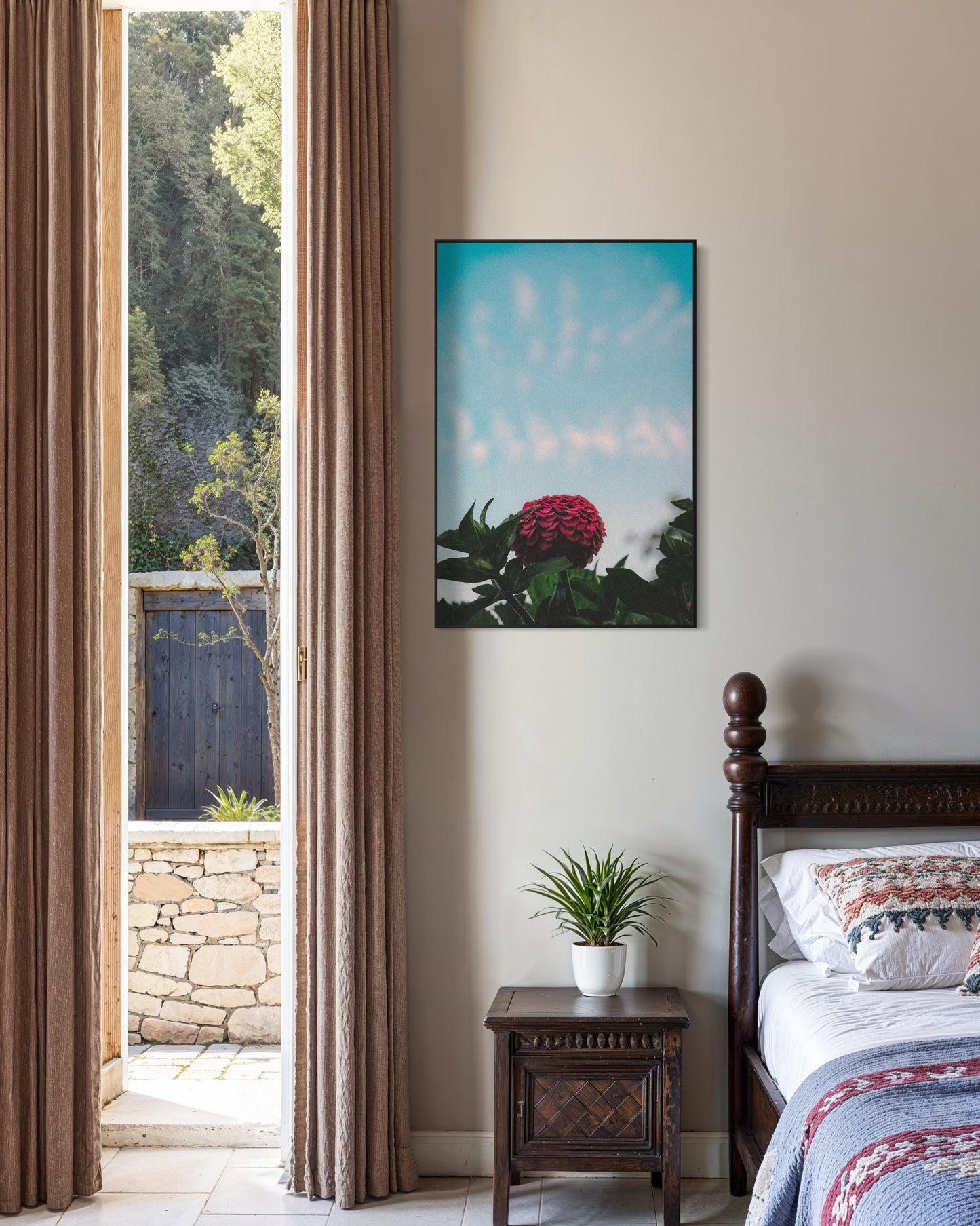 Pink Zinnia Flower Print — Minimalist Nature Wall Art, Botanical Photography Poster, Sky Blue Floral Home Decor by PolaDova. Museum-Quality Matte Paper Poster