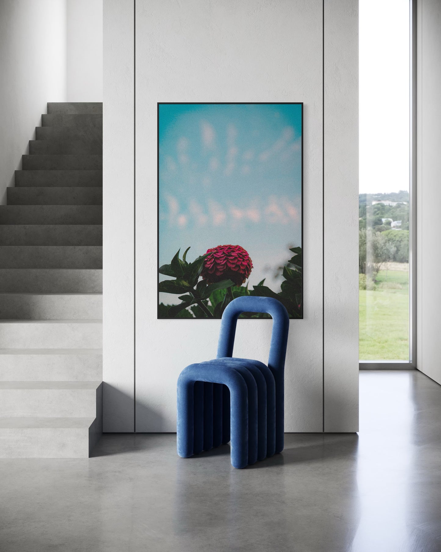 Pink Zinnia Flower Print — Minimalist Nature Wall Art, Botanical Photography Poster, Sky Blue Floral Home Decor by PolaDova. Museum-Quality Matte Paper Poster