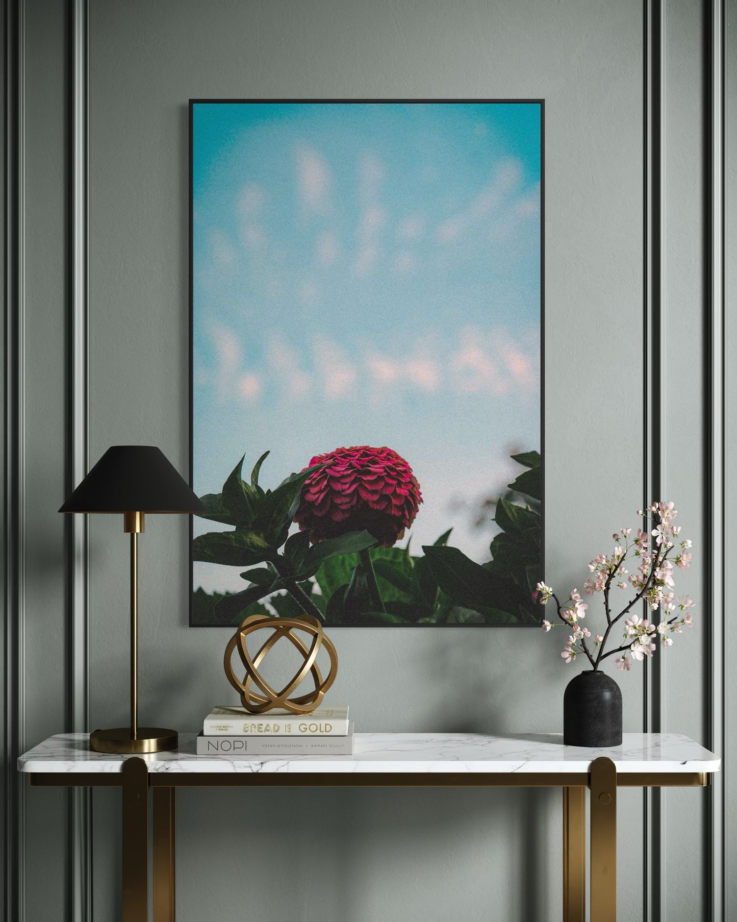 Pink Zinnia Flower Print — Minimalist Nature Wall Art, Botanical Photography Poster, Sky Blue Floral Home Decor by PolaDova. Museum-Quality Matte Paper Poster