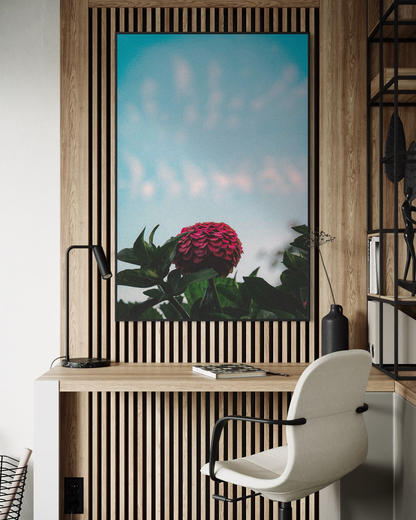 Pink Zinnia Flower Print — Minimalist Nature Wall Art, Botanical Photography Poster, Sky Blue Floral Home Decor by PolaDova. Museum-Quality Matte Paper Poster