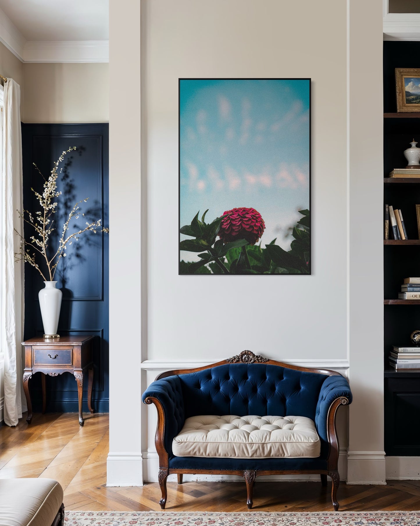 Pink Zinnia Flower Print — Minimalist Nature Wall Art, Botanical Photography Poster, Sky Blue Floral Home Decor by PolaDova. Museum-Quality Matte Paper Poster