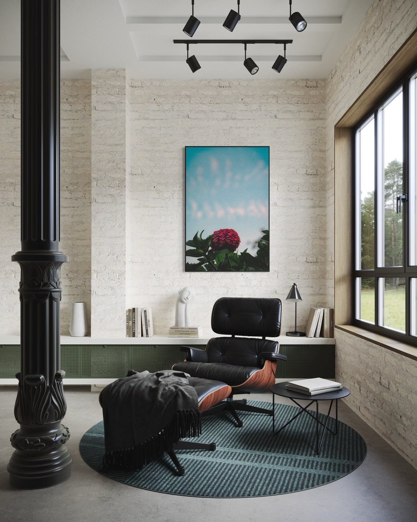 Pink Zinnia Flower Print — Minimalist Nature Wall Art, Botanical Photography Poster, Sky Blue Floral Home Decor by PolaDova. Museum-Quality Matte Paper Poster