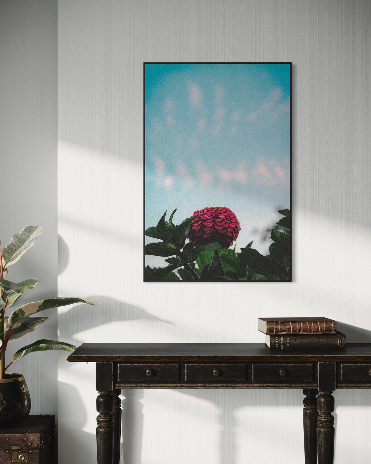 Pink Zinnia Flower Print — Minimalist Nature Wall Art, Botanical Photography Poster, Sky Blue Floral Home Decor by PolaDova. Museum-Quality Matte Paper Poster