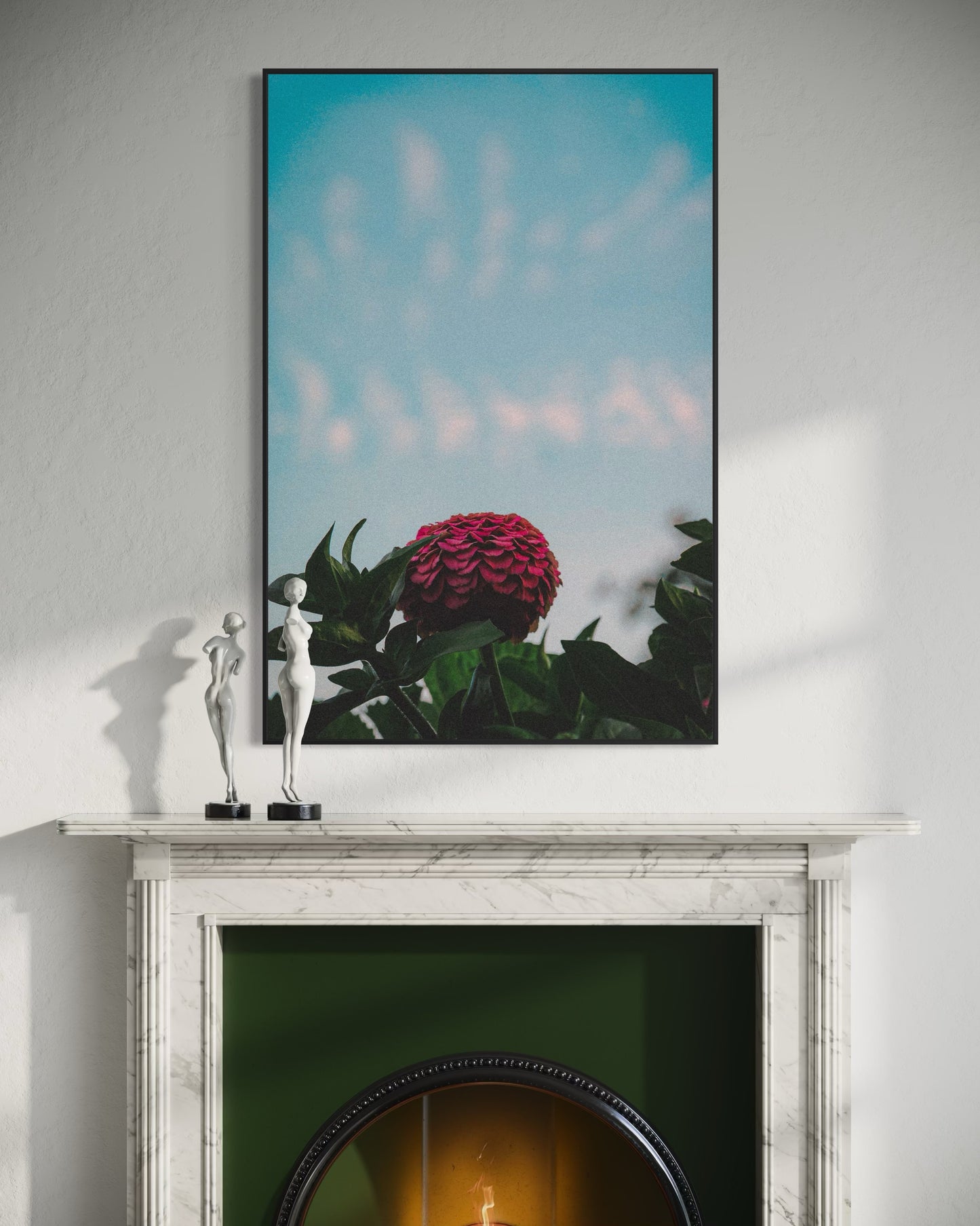 Pink Zinnia Flower Print — Minimalist Nature Wall Art, Botanical Photography Poster, Sky Blue Floral Home Decor by PolaDova. Museum-Quality Matte Paper Poster