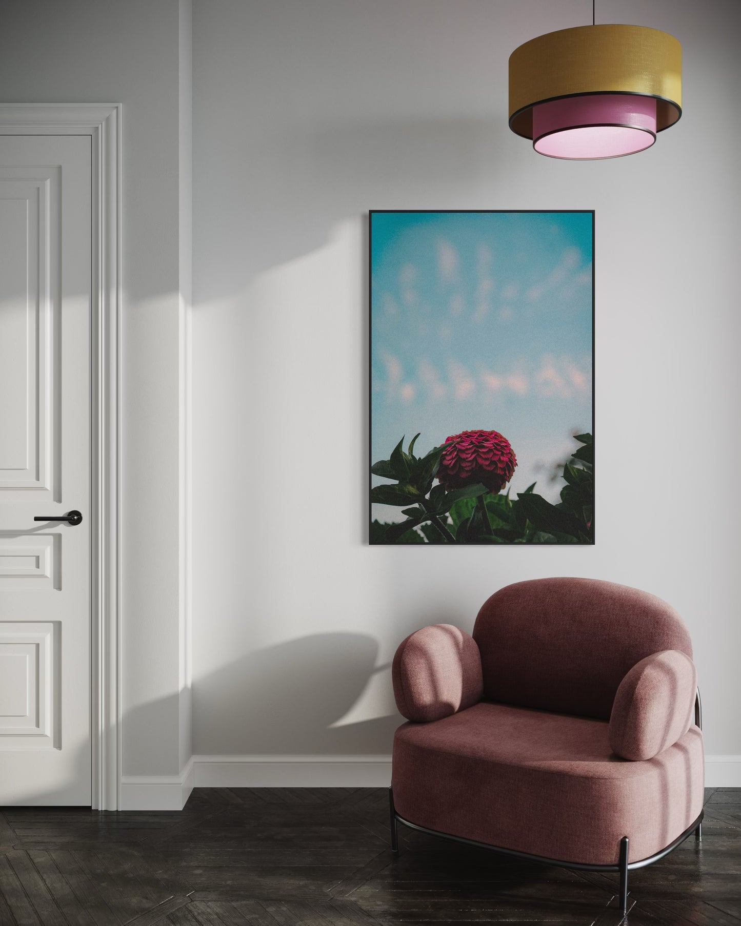 Pink Zinnia Flower Print — Minimalist Nature Wall Art, Botanical Photography Poster, Sky Blue Floral Home Decor by PolaDova. Museum-Quality Matte Paper Poster