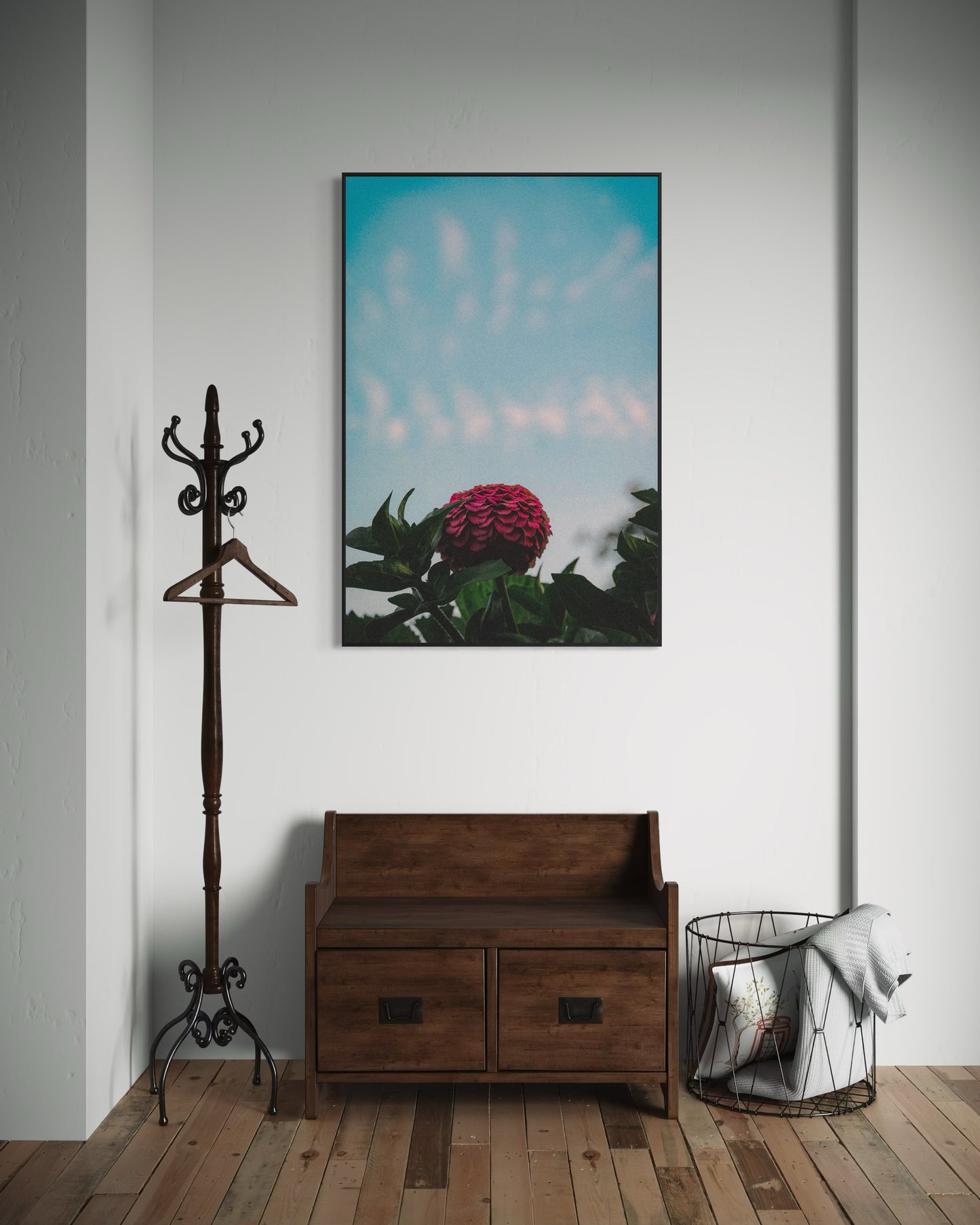 Pink Zinnia Flower Print — Minimalist Nature Wall Art, Botanical Photography Poster, Sky Blue Floral Home Decor by PolaDova. Museum-Quality Matte Paper Poster