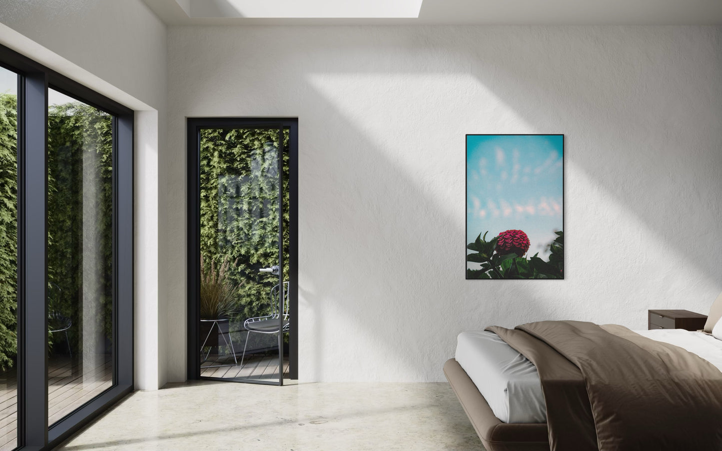 Pink Zinnia Flower Print — Minimalist Nature Wall Art, Botanical Photography Poster, Sky Blue Floral Home Decor by PolaDova. Museum-Quality Matte Paper Poster