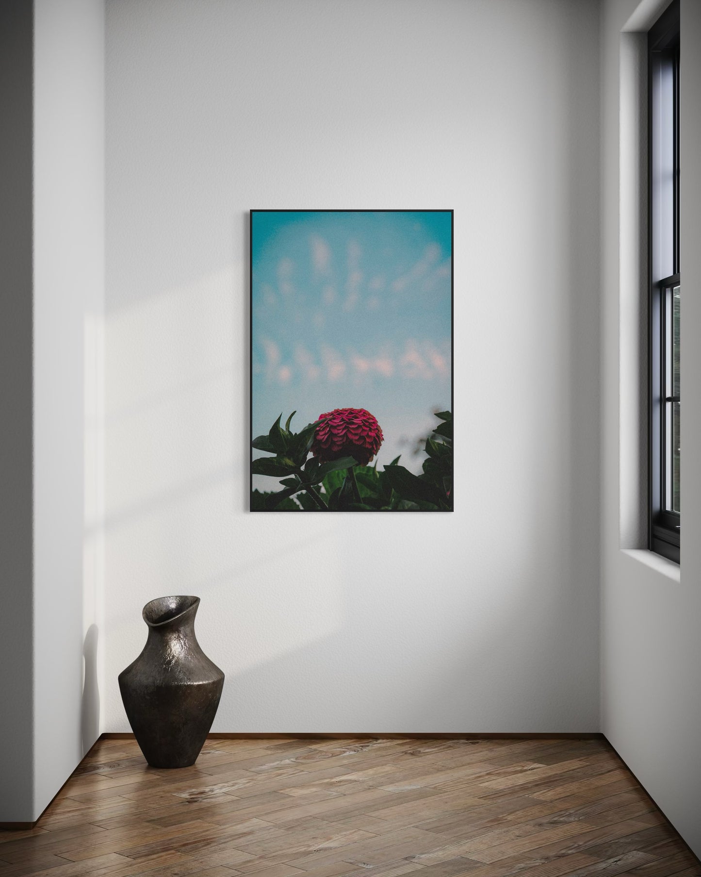 Pink Zinnia Flower Print — Minimalist Nature Wall Art, Botanical Photography Poster, Sky Blue Floral Home Decor by PolaDova. Museum-Quality Matte Paper Poster