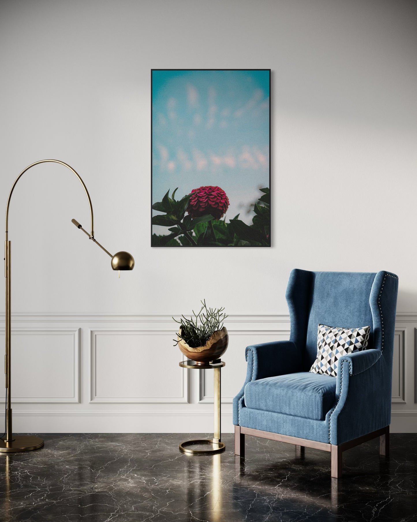 Pink Zinnia Flower Print — Minimalist Nature Wall Art, Botanical Photography Poster, Sky Blue Floral Home Decor by PolaDova. Museum-Quality Matte Paper Poster