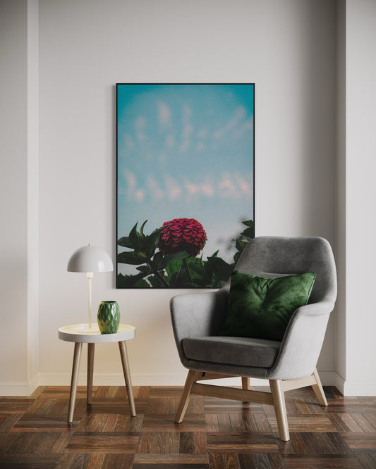 Pink Zinnia Flower Print — Minimalist Nature Wall Art, Botanical Photography Poster, Sky Blue Floral Home Decor by PolaDova. Museum-Quality Matte Paper Poster