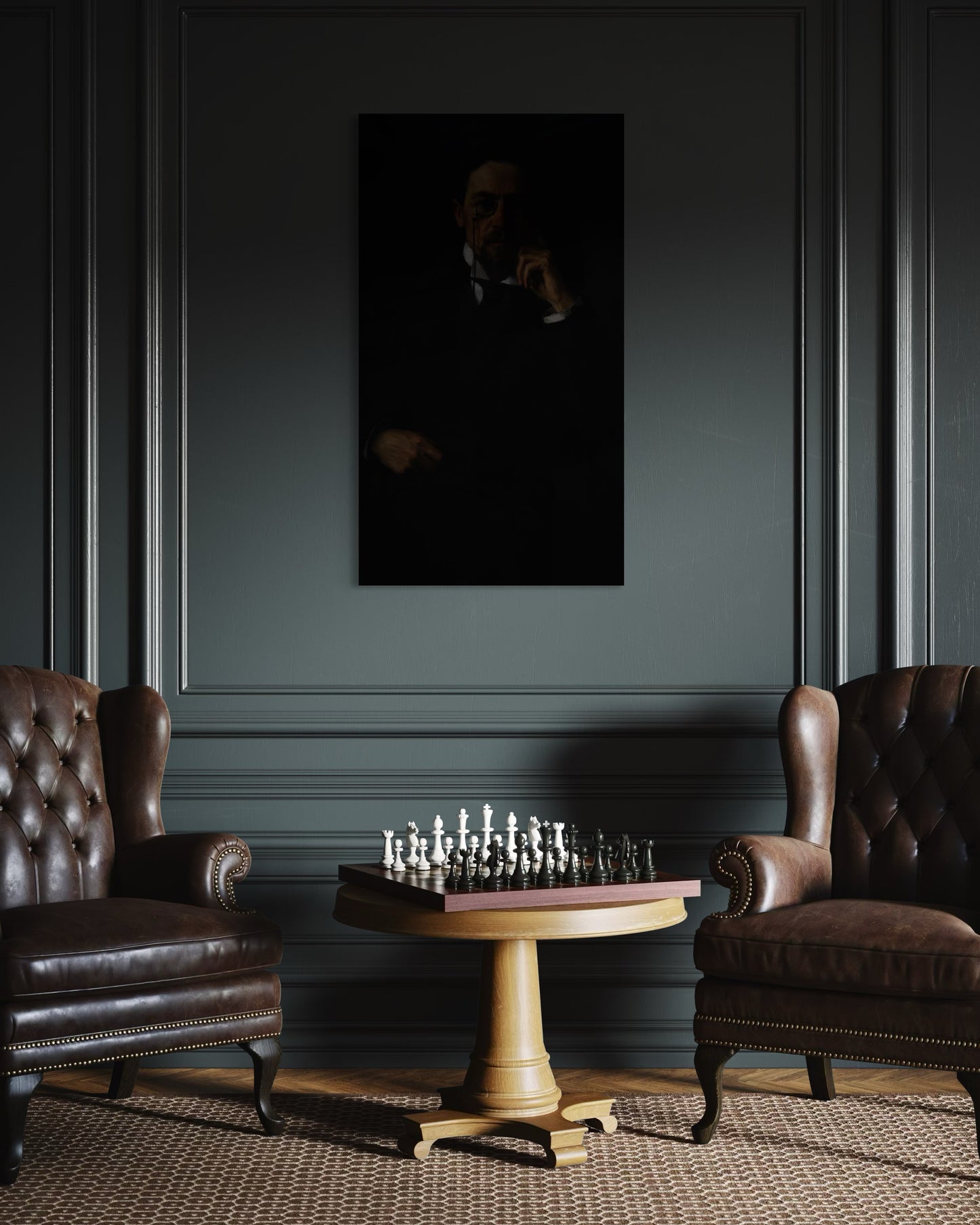 Gothic Portrait of a Chekhov in Shadows | Dark Moody Painting | Classical Realism Art Print by PolaDova. Museum-Quality Matte Paper Poster