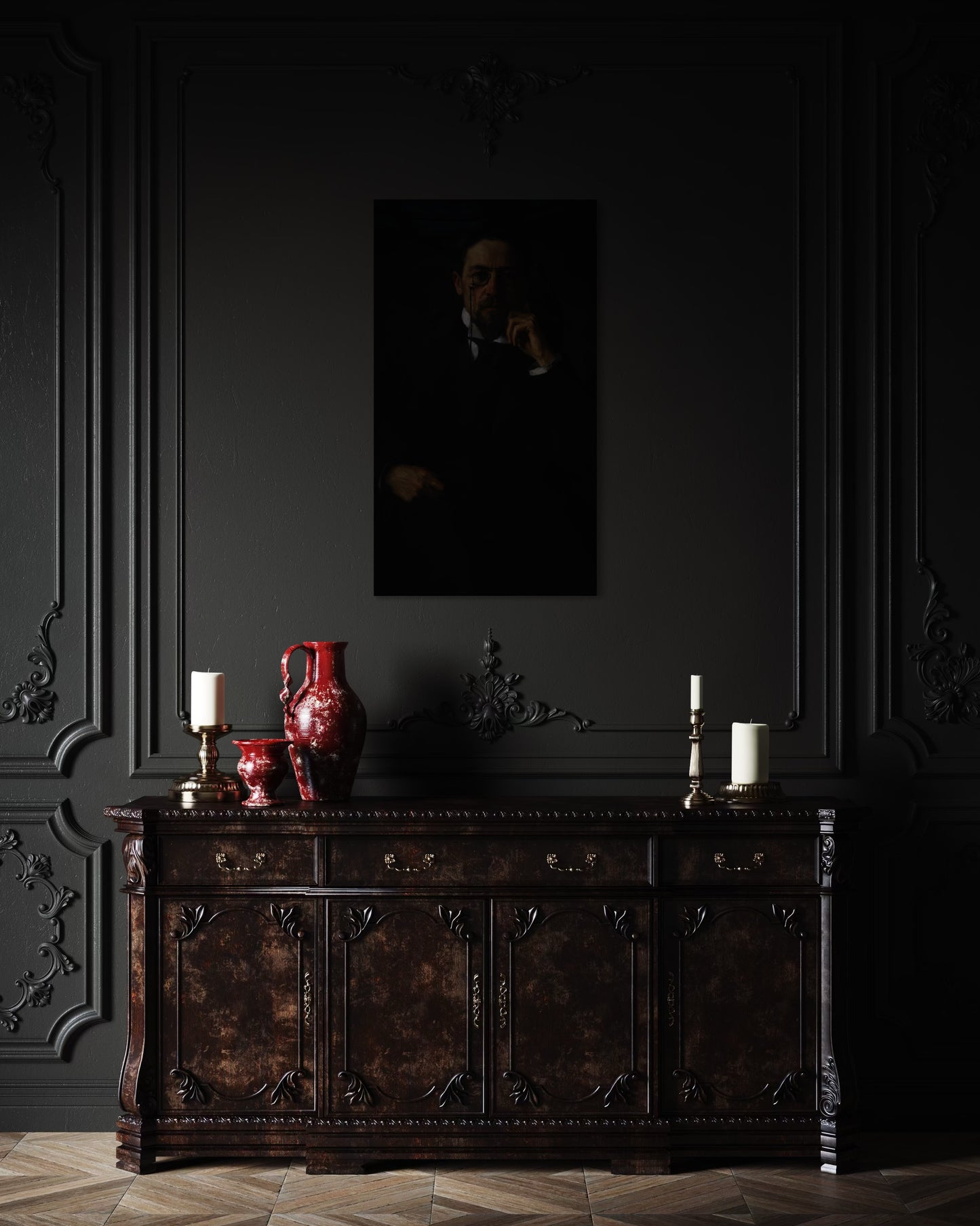 Gothic Portrait of a Chekhov in Shadows | Dark Moody Painting | Classical Realism Art Print by PolaDova. Museum-Quality Matte Paper Poster